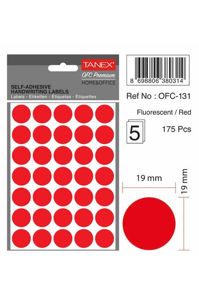 Tanex Round Self-Adhesive Labels, D19 Mm, 175 Pcs/Set, Tanex, Red