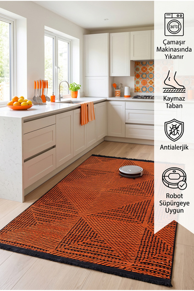 Santa Clara Makinada Yıkanabilir, Kaymaz Taban Turuncu Şönil Kilim Halı Saçak...