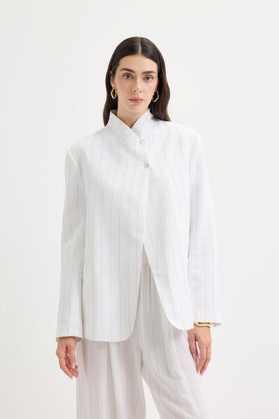 KADRİYE BAŞTÜRK Double-Breasted Linen Blazer Jacket Camel