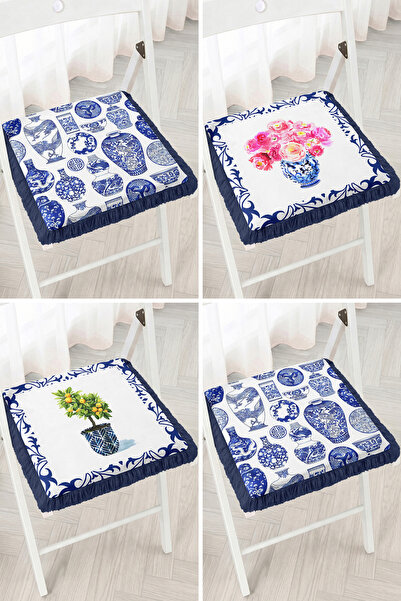 Realhomes Blue and White Tile Vase Motif and Floral Pattern 4-Piece Fringed Z...