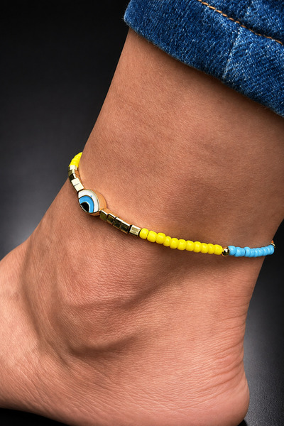 ByMerve Bym3611 Evil Eye Detailed Yellow Blue Beaded Adjustable Women's Anklet
