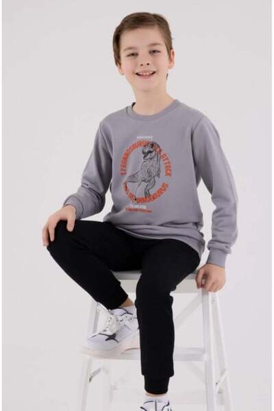 Rolypoly Boys' Dinosaur Printed Green Crew Neck Sweatshirt and Sweatpants Set...