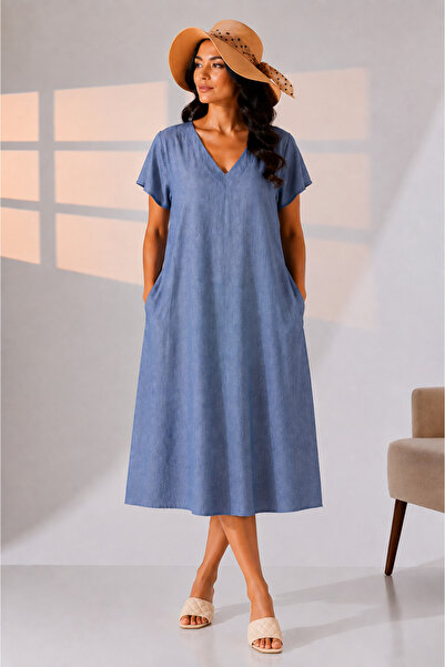 LİKAPA Likapashop Viscose Blended Plus Size Denim Pattern Double Pocket V-Nec...