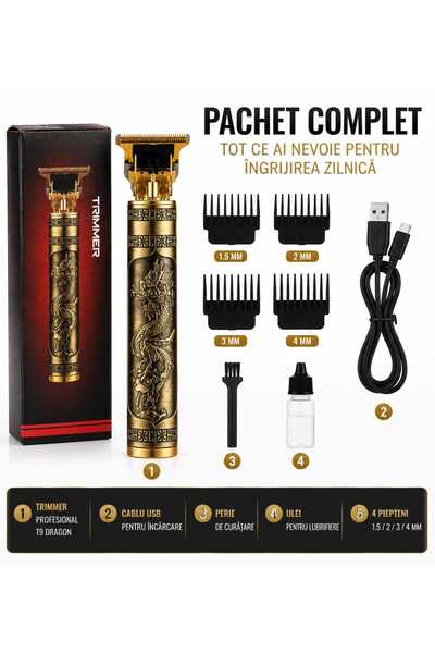 ASMXX Trimmer T9 Dragon Gold, Aparat de Tuns Barbă și Păr, T-Blade, Reîncărcabil USB, 4 Piepteni 1.5/2/3/4 mm, Design Vintage