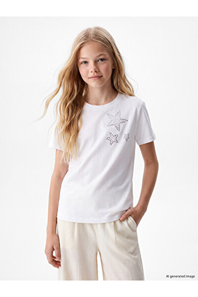 LC Waikiki Rmz Gi̇yi̇m Farkiyla Zero Roba Collar Star Printed Girls' T-Shirt