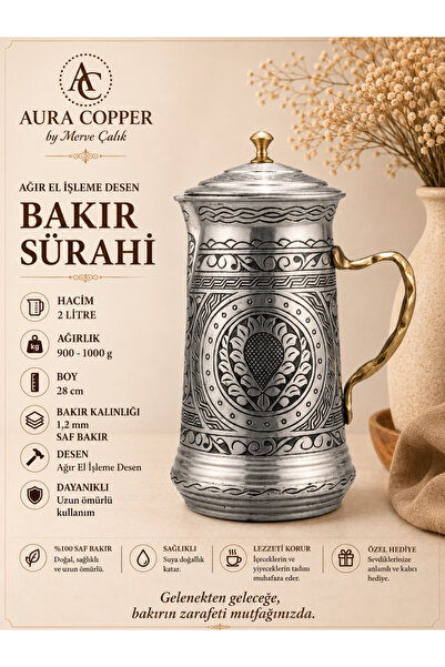 AURA COPPER Ağır El İşlemeli Bakır Sürahi 2 L Kapaklı Gümüş Renk 1,2 mm 28 cm...