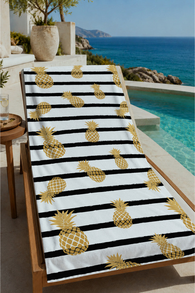 Evmila Black and White Striped Golden Yellow Pineapple Patterned 70X150 Beach...