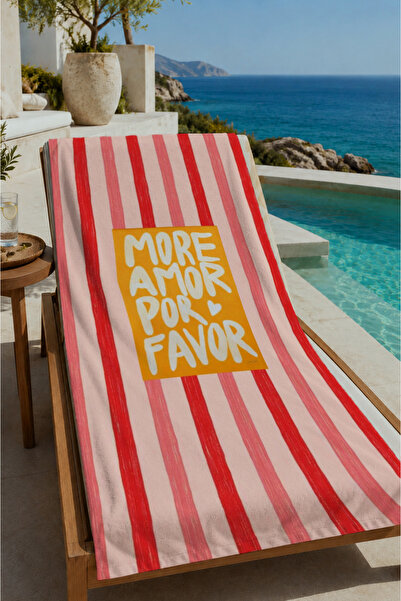 Evmila Red and White Striped Summer Slogan 70X150 Beach Towel - Digital Print...