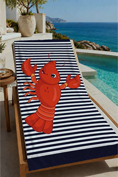 Evmila Navy Blue White Striped Lobster Patterned 70X150 Beach Towel - Cotton ...