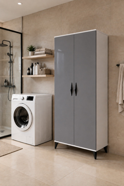 Mossano 2 Kapaklı 7 Raflı Mutfak Dolabı Banyo Dolabı Çok Amaçlı Dolap Beyaz A...