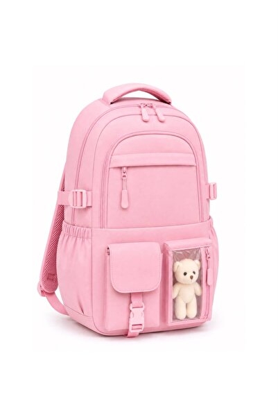 Bambus Kawaii Kore Tarzı Aksesuarlı Ortopedik Yerli Günlük Okul Çantası Pembe