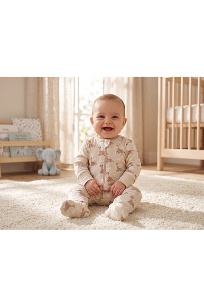Billy Baby Unisex Zürafa Desenli Fermuarlı Ayaklı Pamuklu Bebek Tulumu