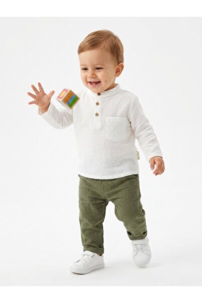 Kids Kingdom Organik Hakim Yaka Müslin Erkek Bebek Pantolon Gömlek 2li Takım