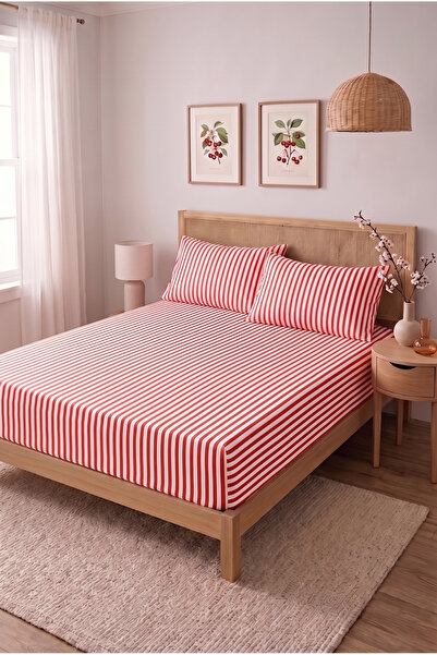 Medaillon Home Striped Double Bed Sheet Set |   Cotton |   160X200 cm Mattress Compatible Elastic Sheet, 2 Pieces of 50X70 cm Pillowcases |   Stylish and Elegant