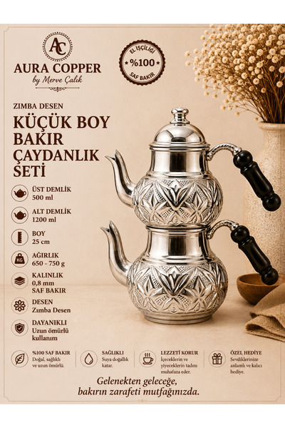 AURA COPPER Bakır Çaydanlık Seti Küçük Boy Zımba İşlemeli Gümüş Renk 0,8 mm –...