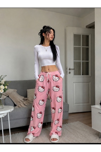 eyonnwear بنطلون رياضي نسائي واسع الساقين باللون الوردي مع نمط شخصيات كرتونية