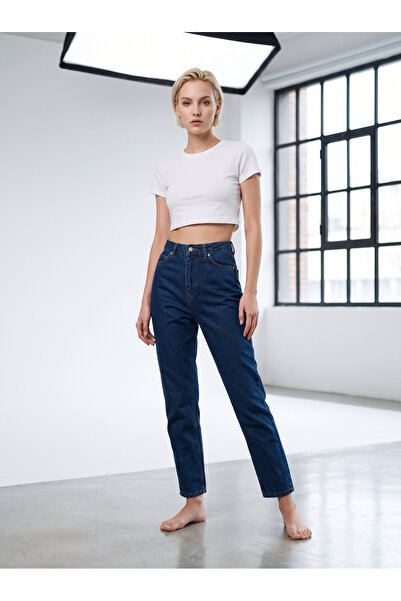 geenz manifacture Pantaloni mom din denim elastic Sky bleumarin