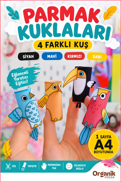 Organik Yolda Parmak Kuklaları 4 Farklı Kuş | Siyah Mavi Kırmızı Sarı | Çocuk...