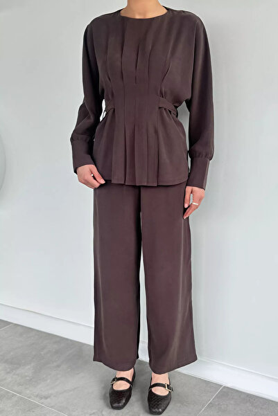Aryena Brown Women's Pleated Belted Blouse and Elastic Waist Pants Two-Piece Set