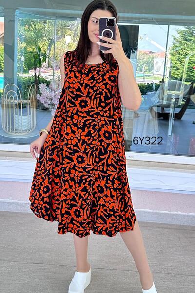 İnce Topuk Zero Sleeve Patterned Viscose Dress 6Y322
