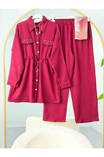 VOLT CLOTHİNG Kapak Taşlı Bağcıklı Keten Pantolonlu Takım