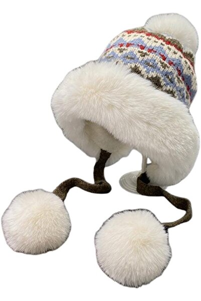 STARSTAR Women's pom-pom ski hat blue/white warm fleece.