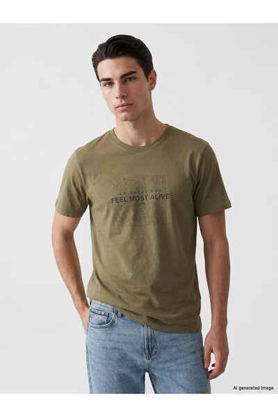 LC Waikiki Vizyon New Season Khaki Crew Neck Printed Men's T-Shirt