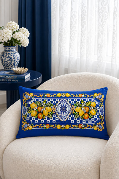 HOMESSA Cobalt Blue Lemon 2-Piece Throw Pillow Cover 35X55 cm