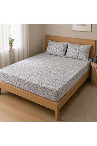 shules collection Blue Wild Flowers 100% Cotton Ranforce Elastic Bed Sheet Se...