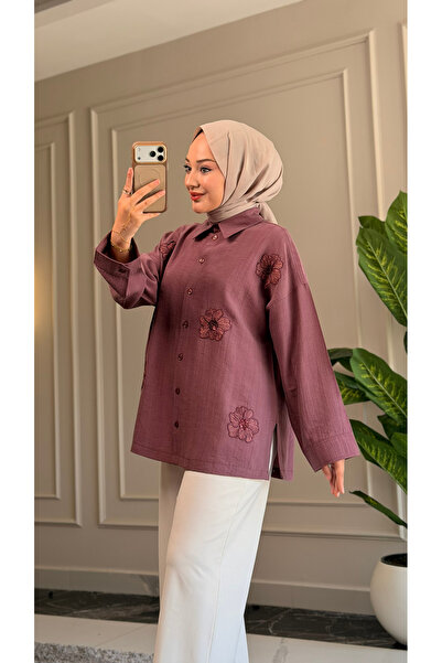 Suede Style 6598 - قميص نسائي أنيق ومريح مزين بتطريز الزهور ومصنوع من قماش في...