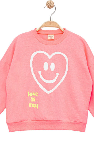 Divonette Girls' Sweatshirt Pink Long Sleeve Letter and Heart Patterned Children's Sweatshirt