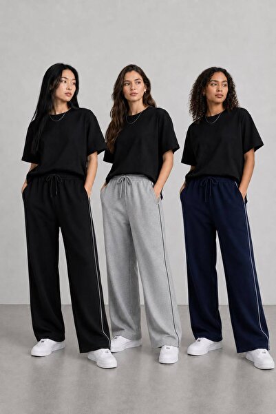 GERLAY 3 Pieces of Black+Grey+Navy Blue Straight-Leg Sweatpants with Side Pip...