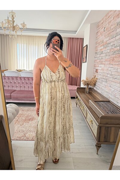 bussrabutik Snake-Printed Backless Strappy Maxi Chiffon Dress