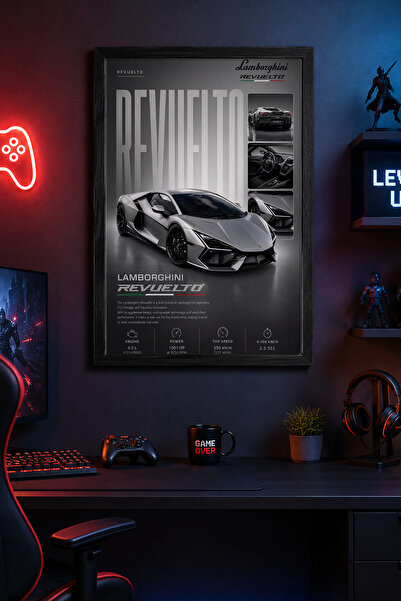 Charmbi Poster Lamborghini Revuelto cu ramă din lemn negru, imprimare digital...