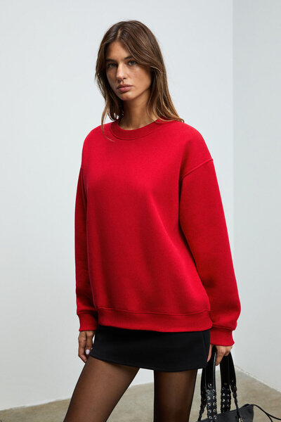 ETHIQUET KARIUS Kadın Organik Pamuklu İçi Polarlı Oversize Yuvarlak Yakalı Kırmızı Sweatshirt
