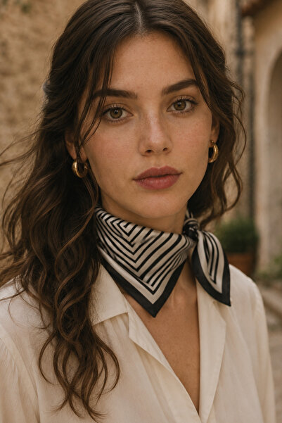 AFVENTE Striped Frame Pattern Anthracite Satin Bandana Scarf 50×50 cm