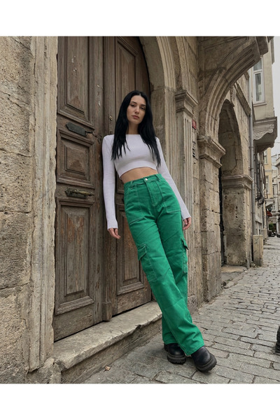 harmony factory Yeşil Kargo Cepli Yüksek Bel Wide Leg Bol Paça Kot Pantolon