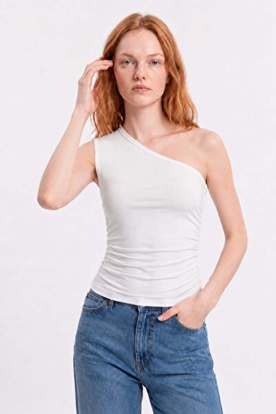 HAKKE One-Shoulder Gathered Detailed Bluz