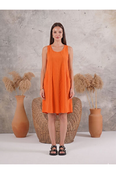 Flubutik Women's Sleeveless Cotton Dress with Pockets Orange