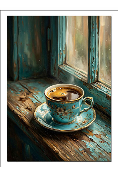Artmeg Pânză decorativă cu plăcere de cafea în o cană albastră la fereastră -...