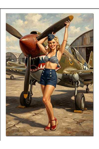 Artmeg Pânză decorativă cu avion și pin-up care face poze în fața aeronavei -...