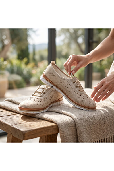 Kadın Krem Akıllı Bağcıklı Günlük Kulanıma Uygun Delikli Sneaker / Ayakkabı