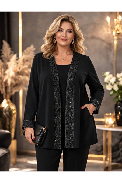 Te&Te Women's Black Plus Size Crystal Fabric Cardigan