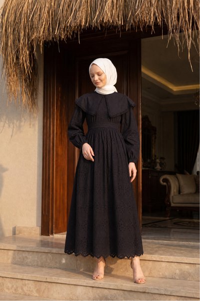 ShopFast Pelerin Yaka Dantel Oversize Uzun Kollu Astarlı Dökümlü Fistolu Deta...