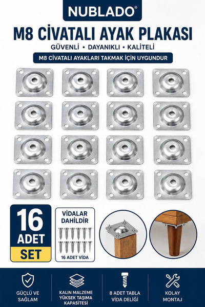 NUBLADO M8 Cıvatalı Mobilya Ayak Bağlantı Plakası 16’lı Set – Masa Koltuk Seh...