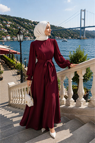 Generic Brand New Chiffon Solid Color Burgundy Dress with Belt, Can Be Weared...