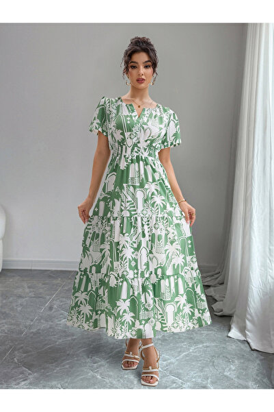 Take Two By Styli Green All Over Print Tiered Maxi Dress