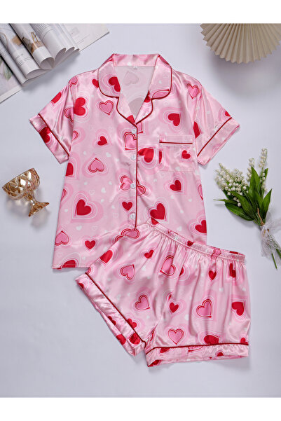 Take Two By Styli Pink Heart Print Shirt and Shorts Pajama Set