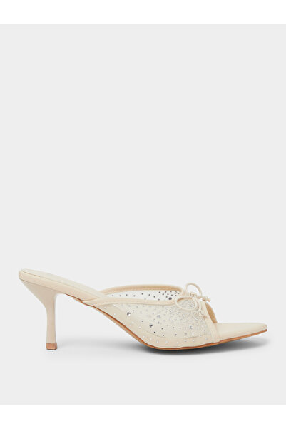 Styli Beige Sequin Embellished Mesh High Heel Mules with Bow Detail
