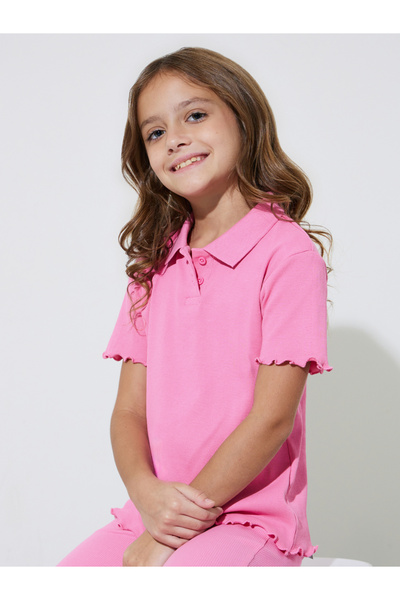 Styli Girls Pink Ribbed Polo T-Shirt with Lettuce Hem